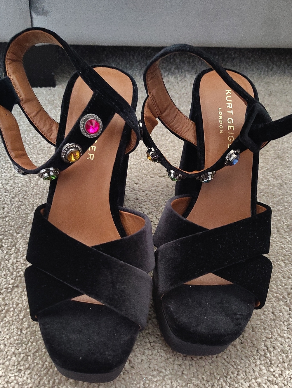 BRANDNEW Kurt Geiger Black Velvet Jeweled Platform Sandals